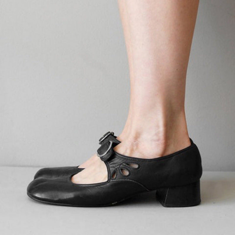 Women Low Heel Round Toe Buckle Strap PU Loafers