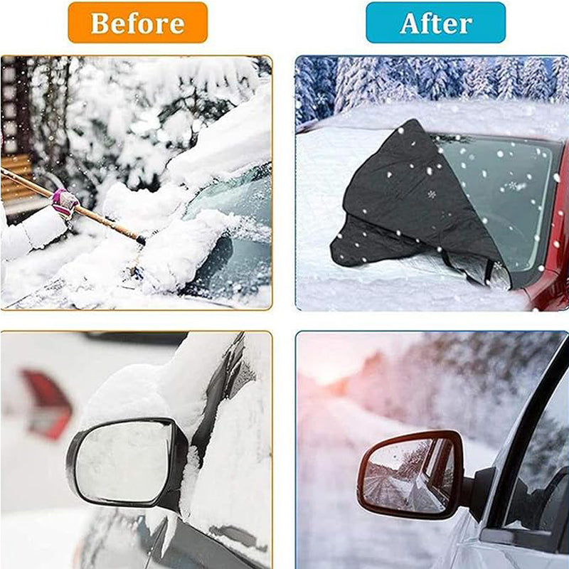 Snowy windshield before and covered windshield after