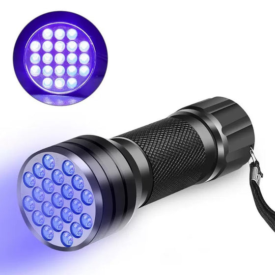 Purple UV flashlight with UV LED array shown in inset