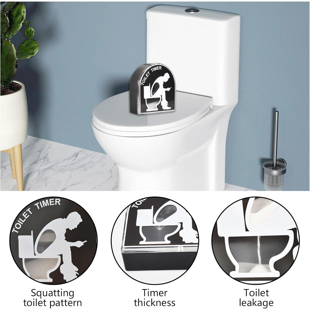 Toilet timer in a bathroom with details of the print, thickness and sand