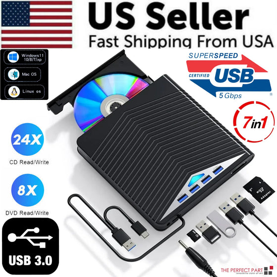 Black 7-in-1 external CD DVD drive with disc, USB ports and card slots