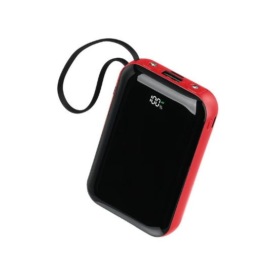 Black and red portable power bank with LED display and wrist strap