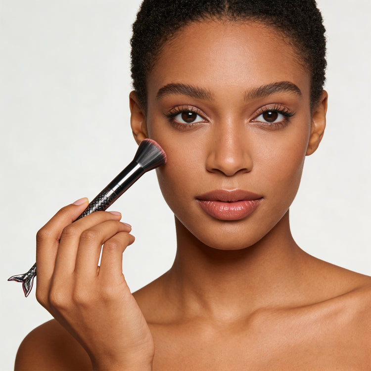 Makeup brush held in hand for size reference