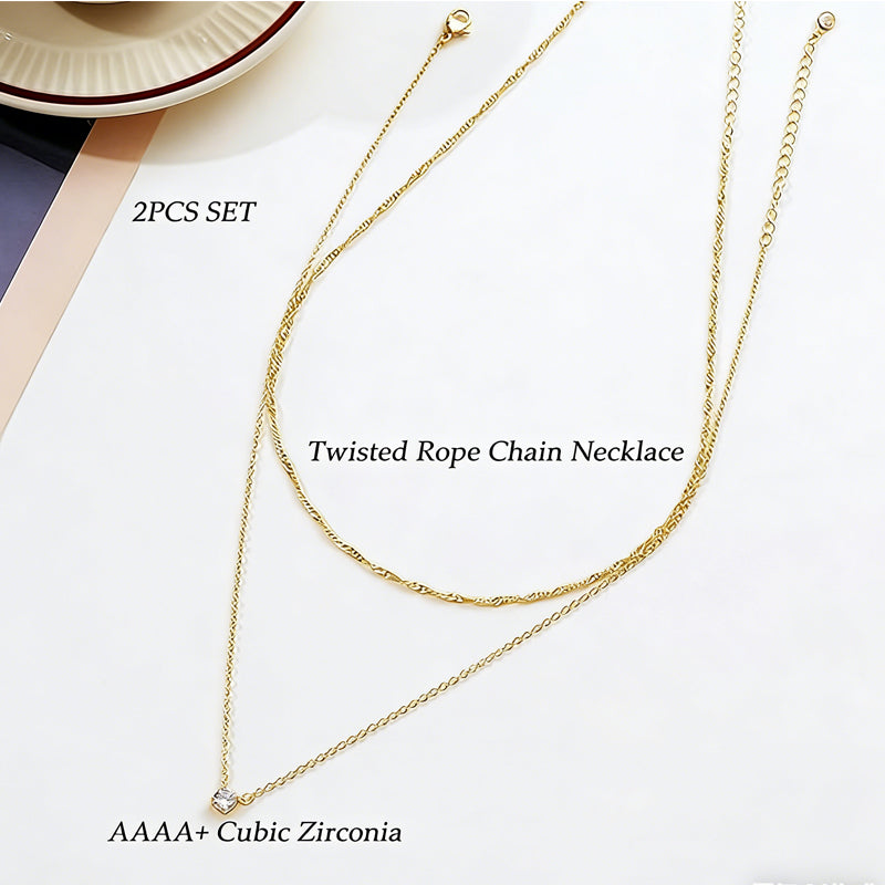 2-piece gold plated necklace set: twisted rope chain and AAA cubic zirconia pendant chain