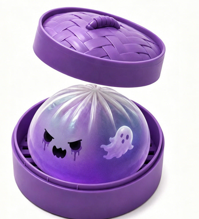Halloween Ghost Dumpling Toy in a Mini Steamer Basket, purple
