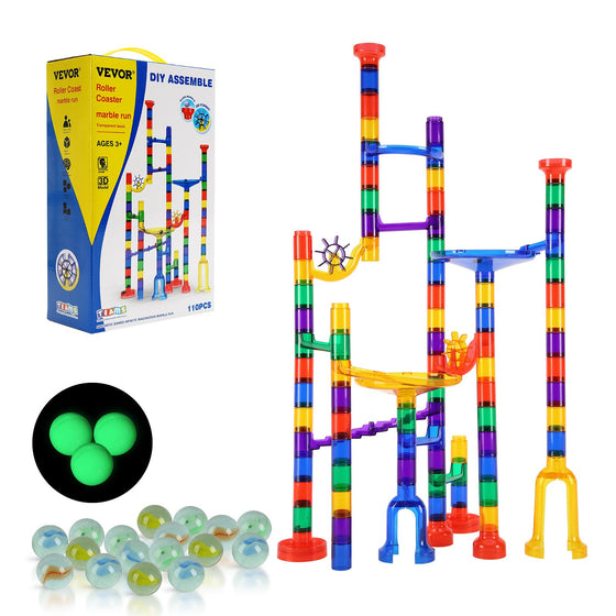 Built marble run tower with box, glass marbles and glow-in-the-dark marbles