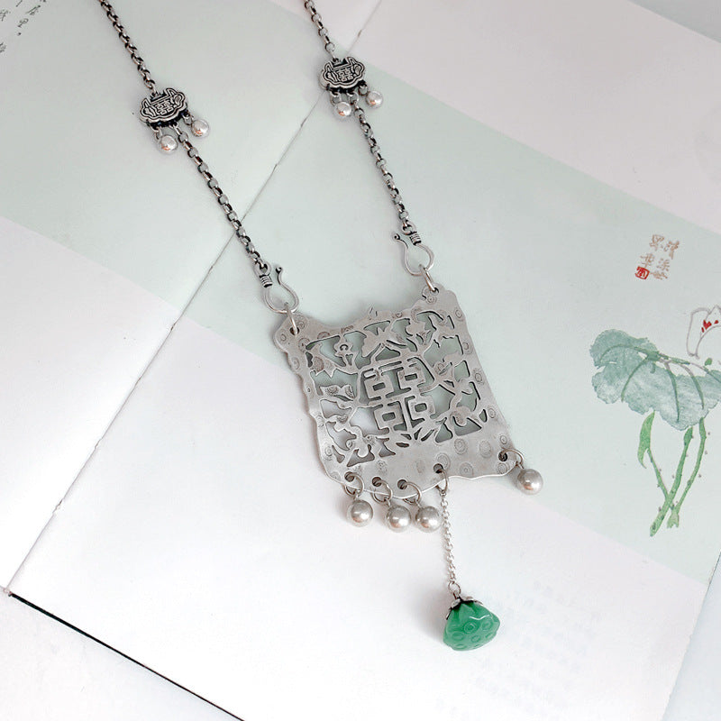 925 Silver Plated Double Happiness Pendant Tassel Long Sweater Chain