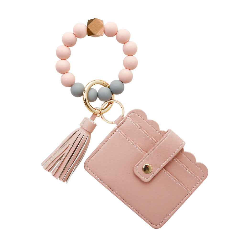 Pink bead wristlet keychain with card holder and tassel