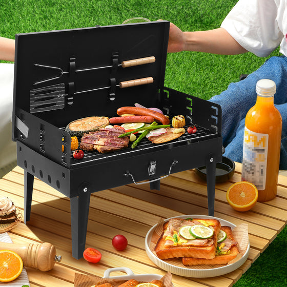 Black portable square charcoal grill with lid