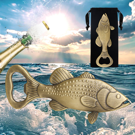 Bronze bass fish bottle opener with ocean splash and black velvet gift bag