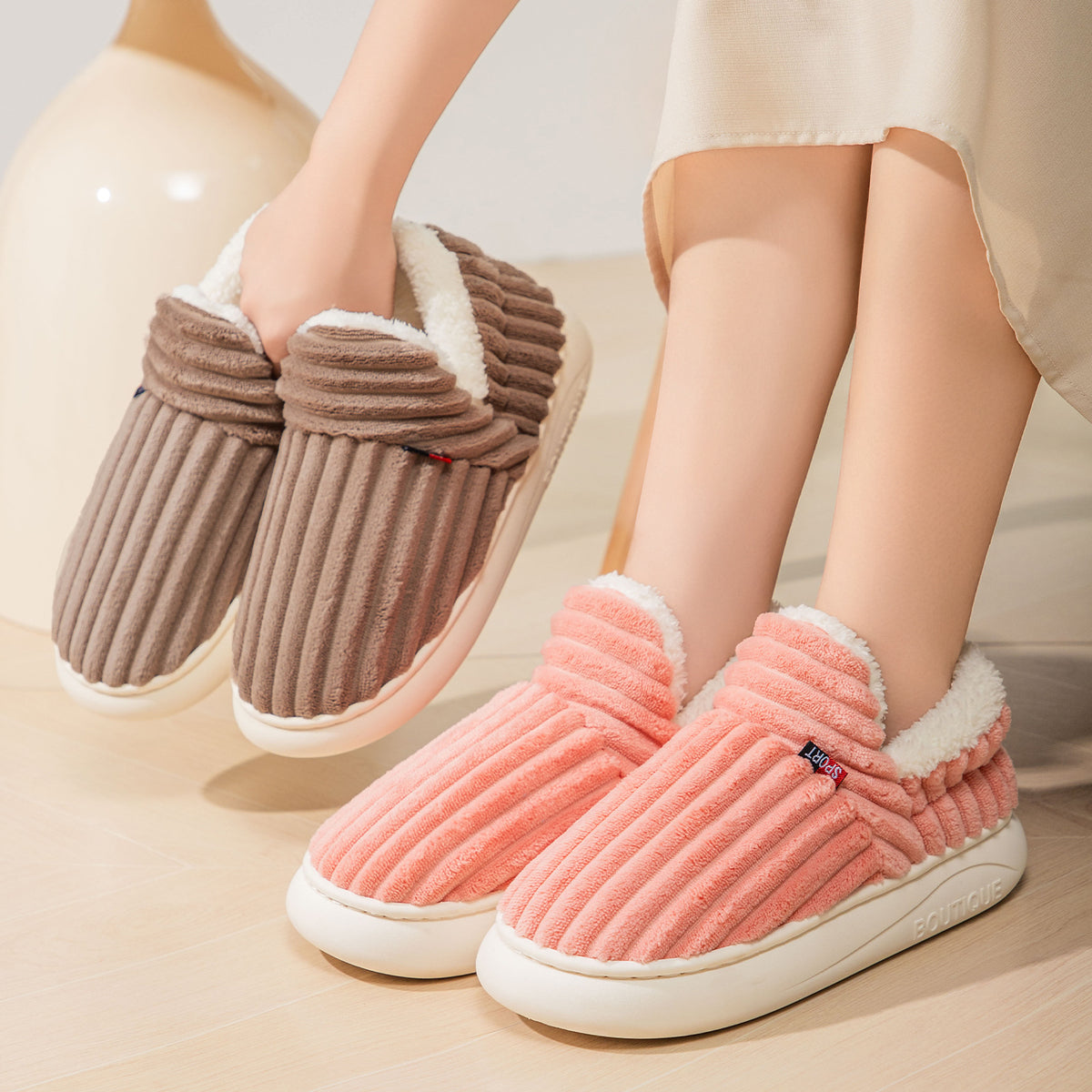 Womens Fleece Lined Cotton Slippers Warm Slip On Home Shoes
