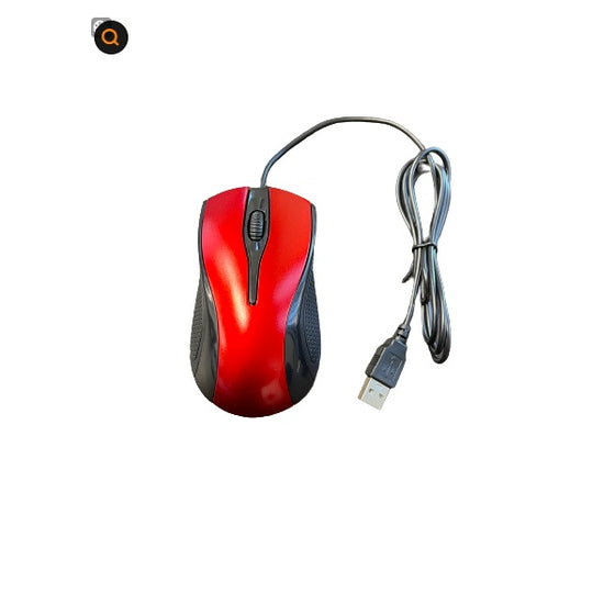 Red wired optical mouse with USB cable, top view