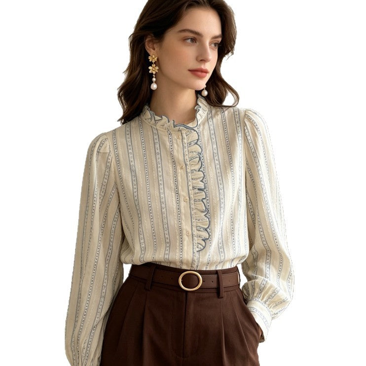 Women's 100% Cotton Ruffled Stand Collar Striped Long Sleeve Blouse