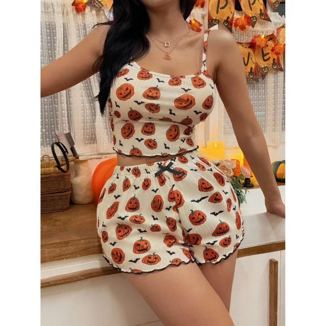 Pumpkin Print Bow Suspender Shorts Homewear Set