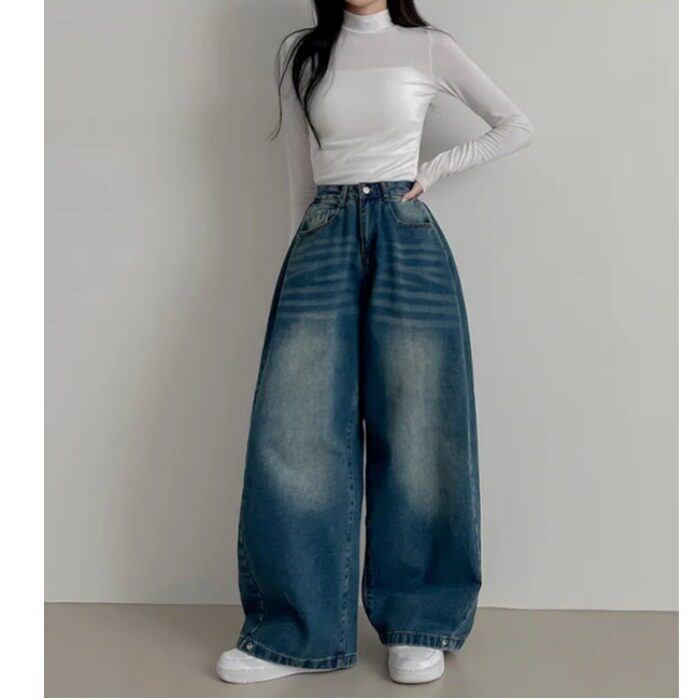 Vintage Washed Wide Leg Jeans with Ankle Button Detail