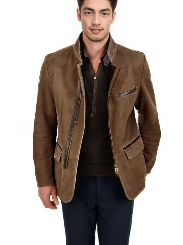Men's Vintage Stand Collar Zipper Jacket Casual Long Sleeve Outerwear