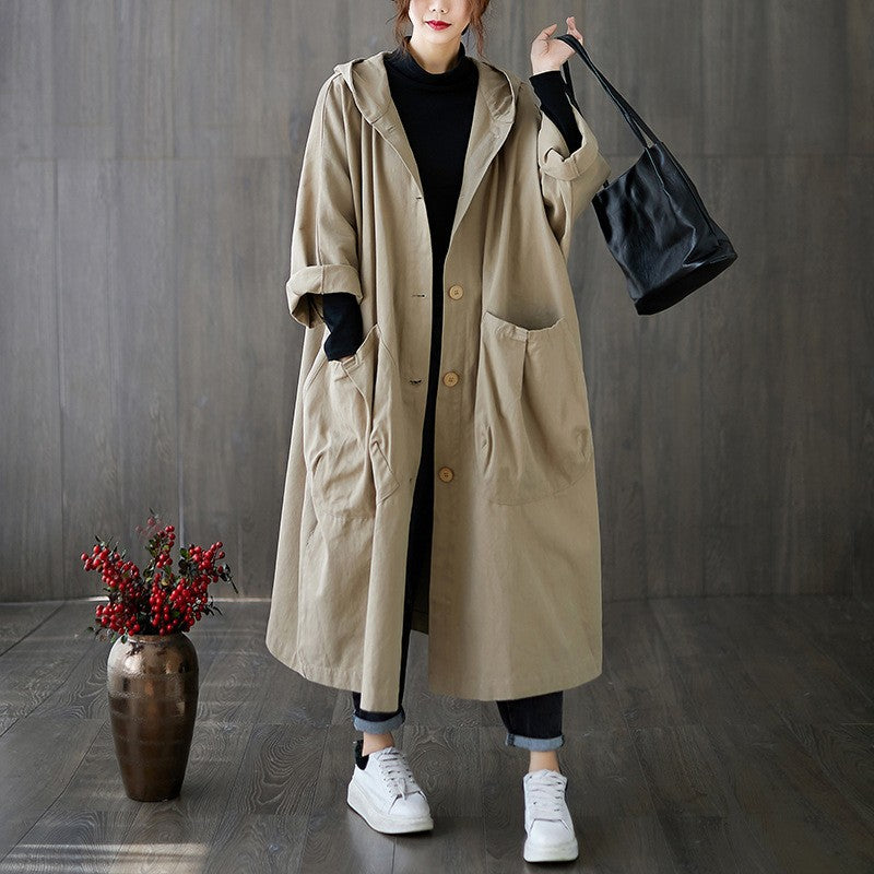 Fashionable loose-fitting knee-length long coat with large pockets for women