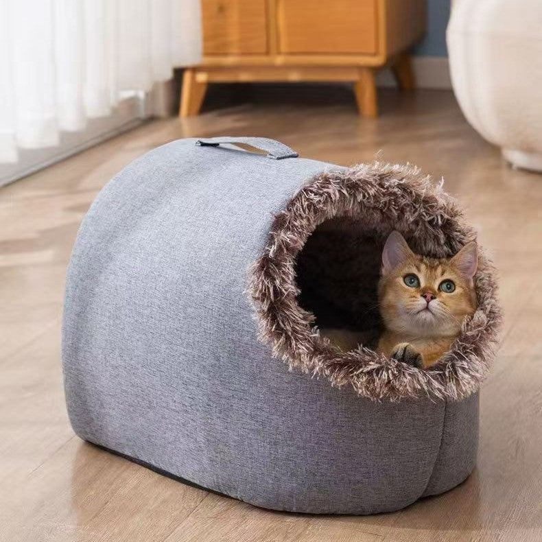 Winter Polar Cold-Resistant Enclosed Cat Sleeping Bag Soft Plush Pet Bed for Indoor Outdoor Use