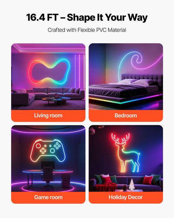 Neon rope light shapes in a living room, bedroom, game room and holiday decor