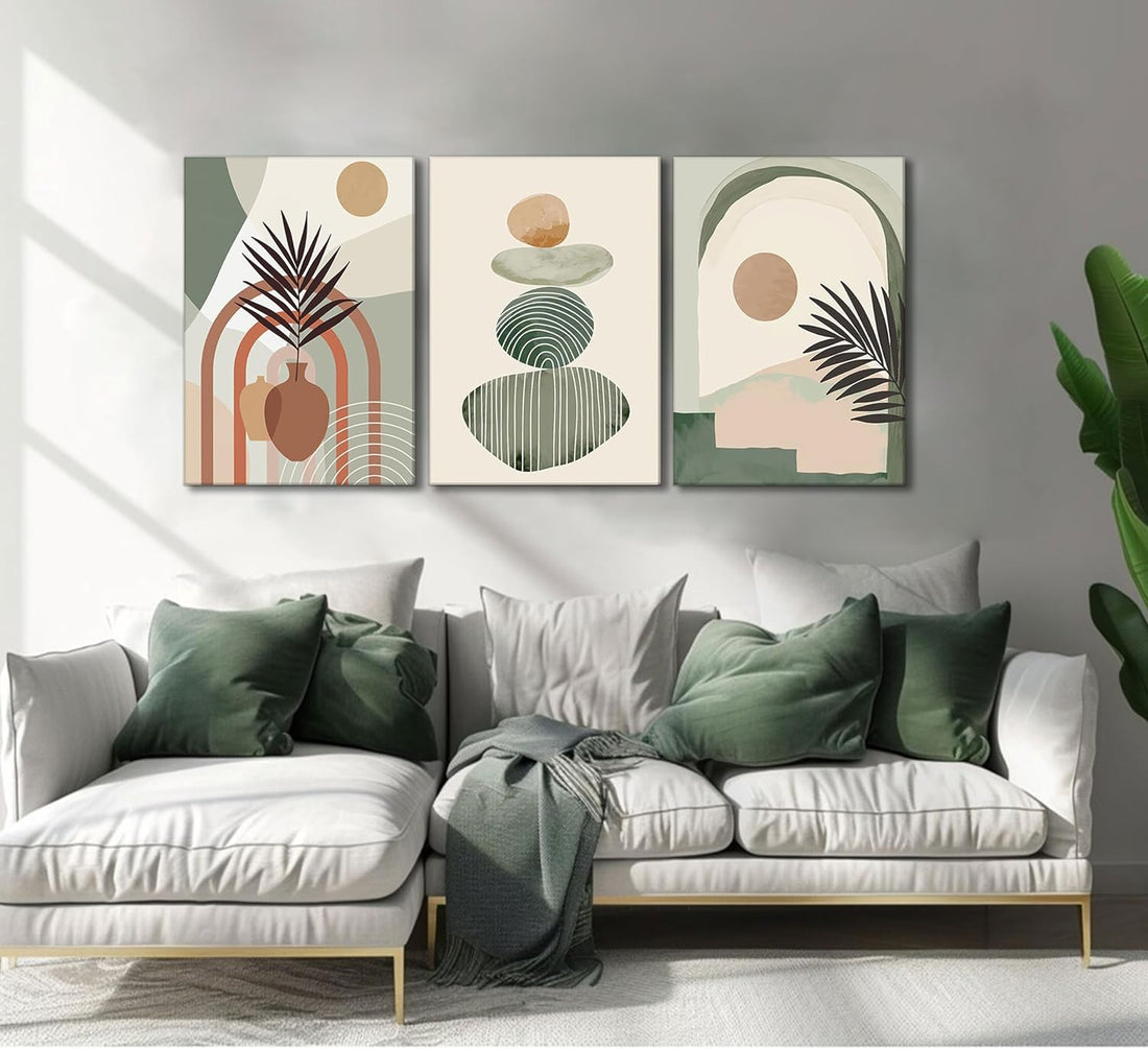 3-piece boho canvas wall art set hung above a sofa