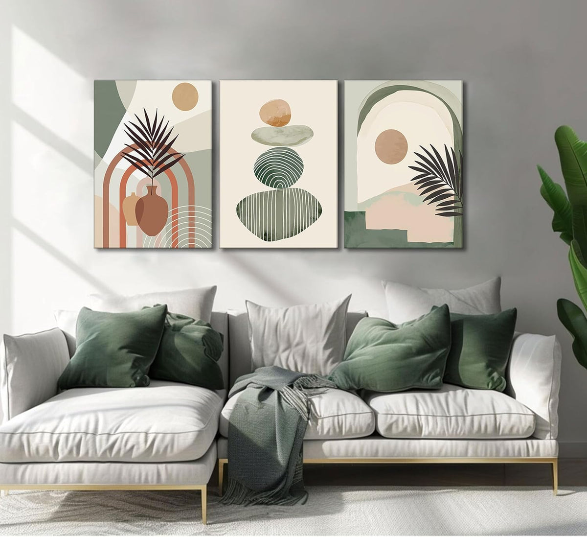 3-piece boho canvas wall art set hung above a sofa