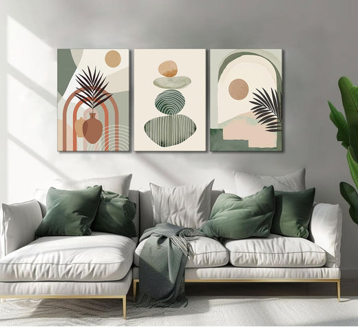 3-piece boho canvas wall art set hung above a sofa