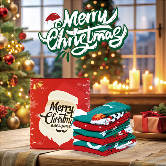 Merry Christmas gift box with a stack of folded red and green Christmas socks