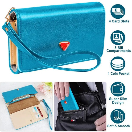 Blue wristlet wallet with feature icons and a view of the card slots