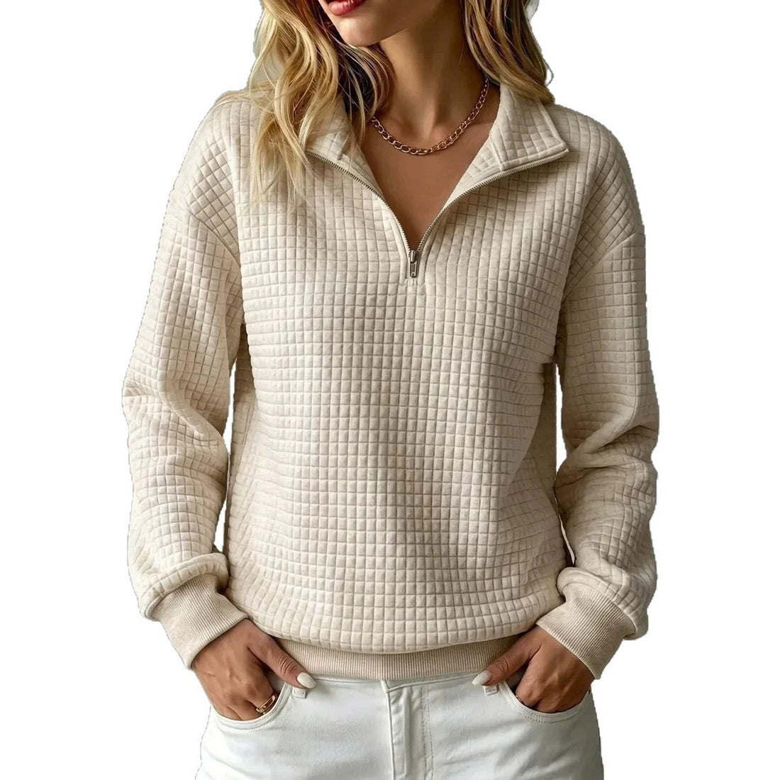 Women's Stand Collar Zip Long Sleeve Waffle Knit Patchwork Sweatshirt