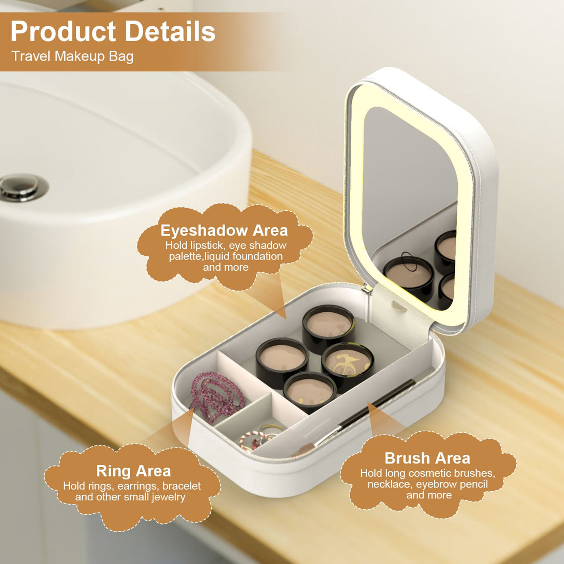 Open white LED mirror makeup bag showing eyeshadow, ring and brush compartments