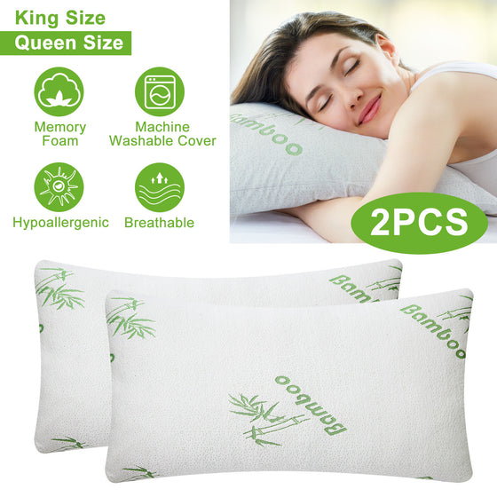 Two bamboo pattern memory foam pillows with feature icons