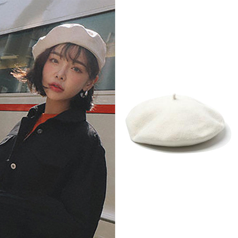 Retro Solid Color Wool Beret Hat for Women, Autumn Winter Adjustable Painter Cap