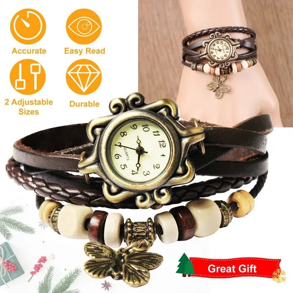 Close-up of the vintage dial and wrap strap with butterfly charm