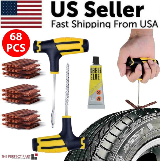 68-piece tire repair kit beside a tire