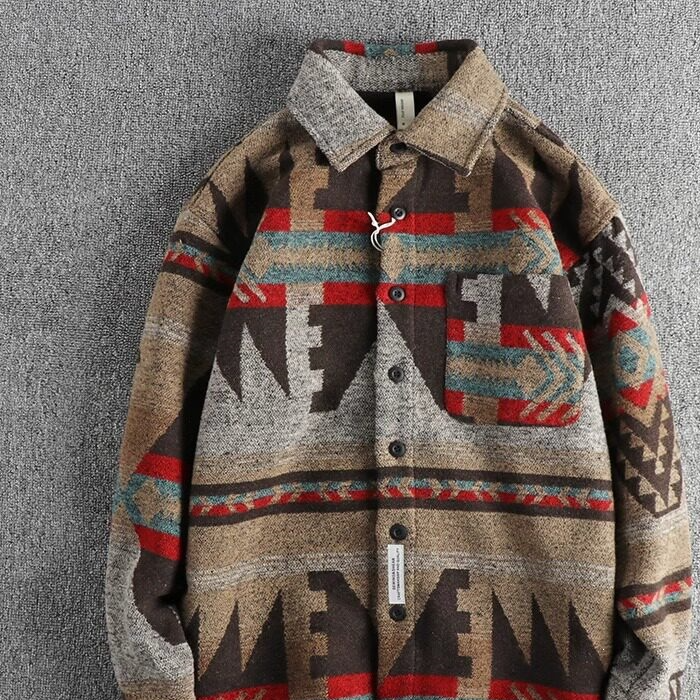 Retro Woolen Tribal Pattern Long Sleeve Shirt Heavyweight Men Autumn Winter Thick Casual Shirt