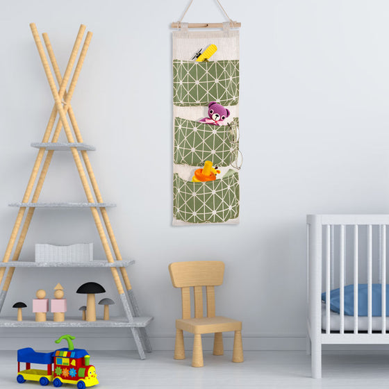 Green hanging organizer in a kids room