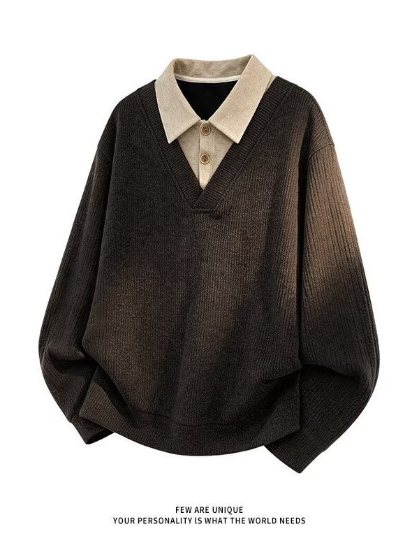 Men's Faux Two-Piece V-Neck Knit Sweater Breathable Anti-Static Long Sleeve Pullover