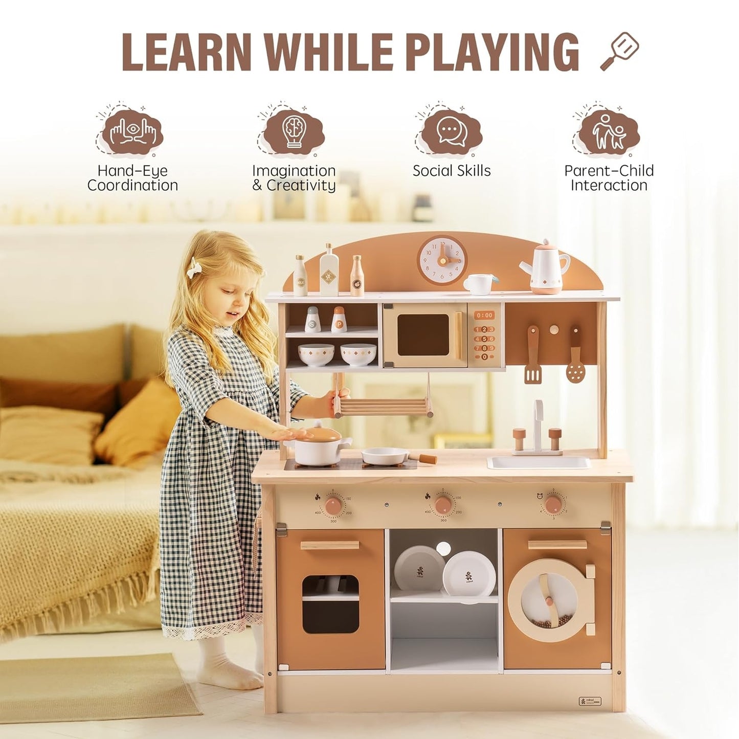 Robud Large Wooden Kids Kitchen Playset with Accessories