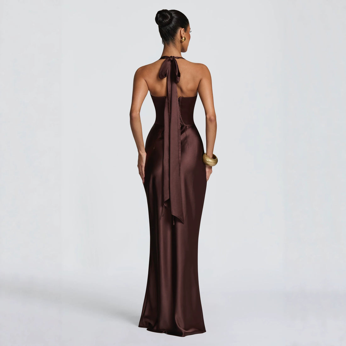Women's halter satin fishtail long dress with deep V-neck and tie back, photo 3