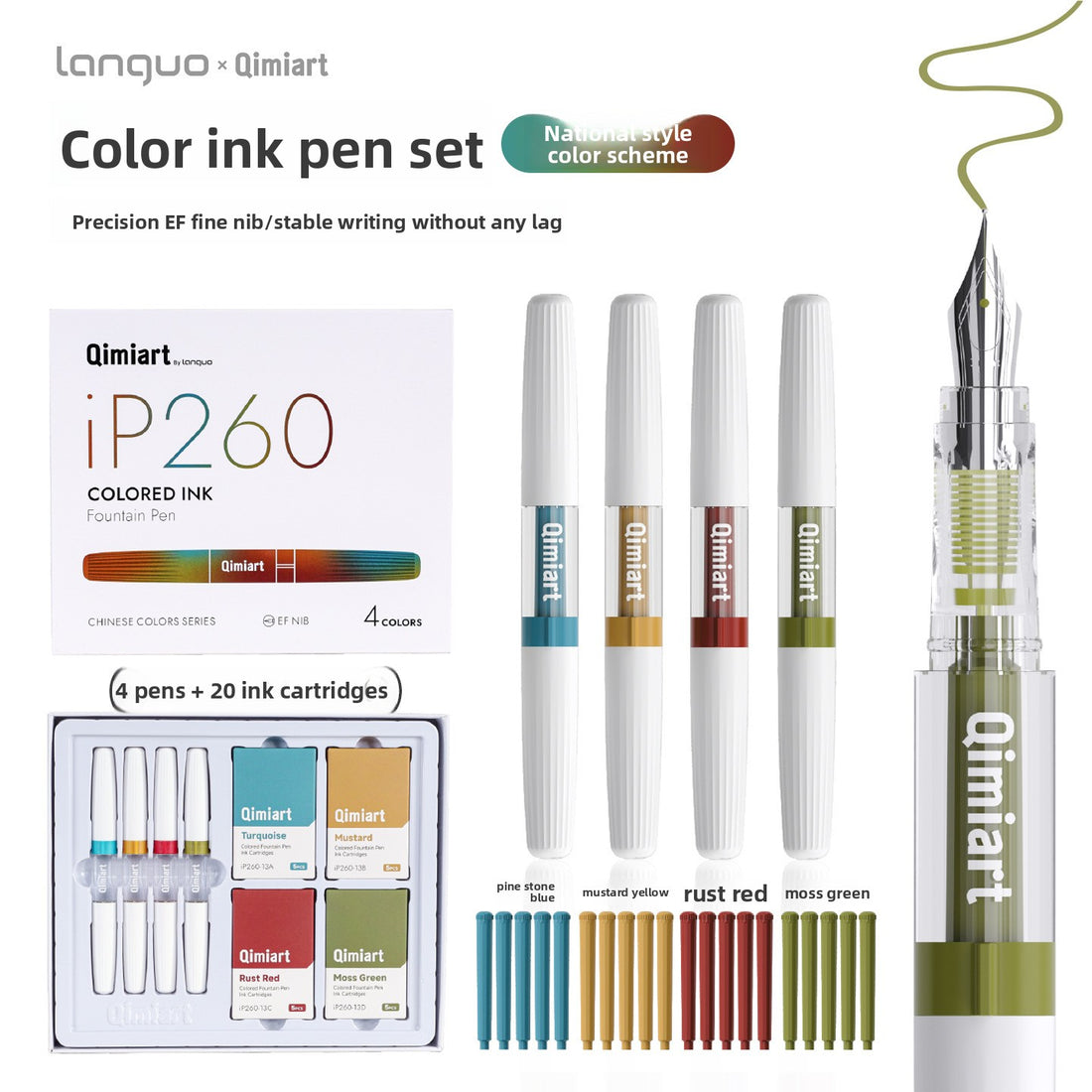 4-Color Fountain Pen Gift Set with EF Fine Nib and 20 Ink Cartridges