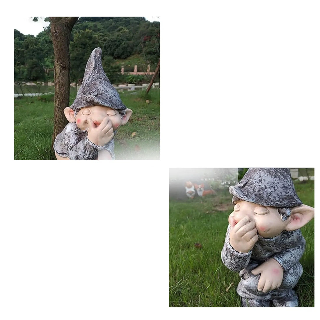 Two outdoor views of the pooping gnome statue on grass