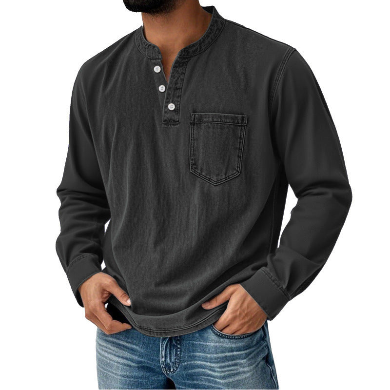 Printed three-button long-sleeved T-shirt