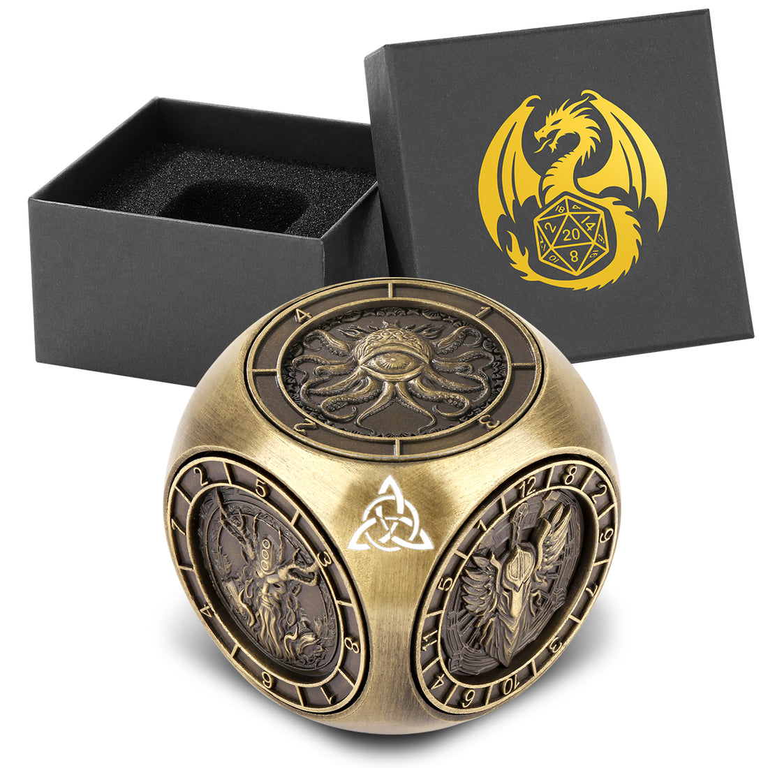 Bronze spinning dice wheel cube with dragon gift box, rotating rune faces