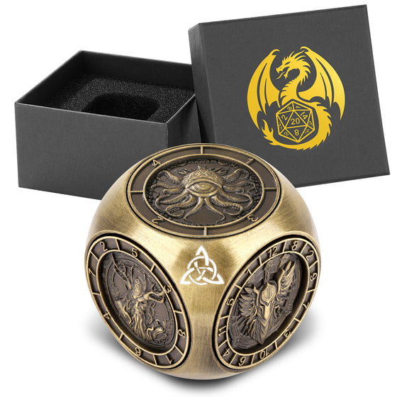Bronze spinning dice wheel cube with dragon gift box, rotating rune faces