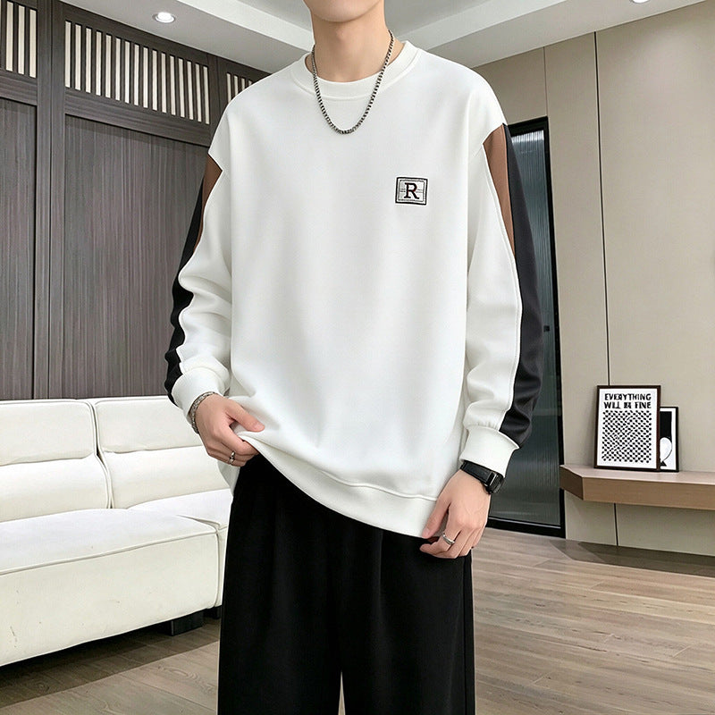 Men's Casual Patchwork Letter Embroidery Round Neck Loose Pullover Sweatshirt