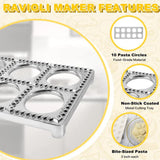 Ravioli maker features graphic showing 10 pasta circles and non-stick coated tray