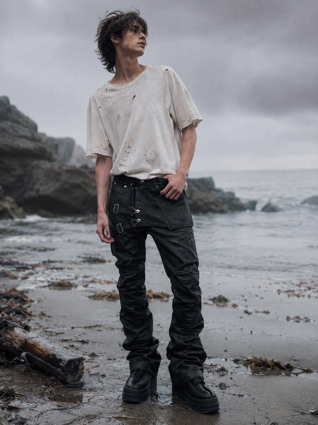 Unisex Multi-Pocket Deconstructed Layered Coated Slightly Flared Denim Jeans