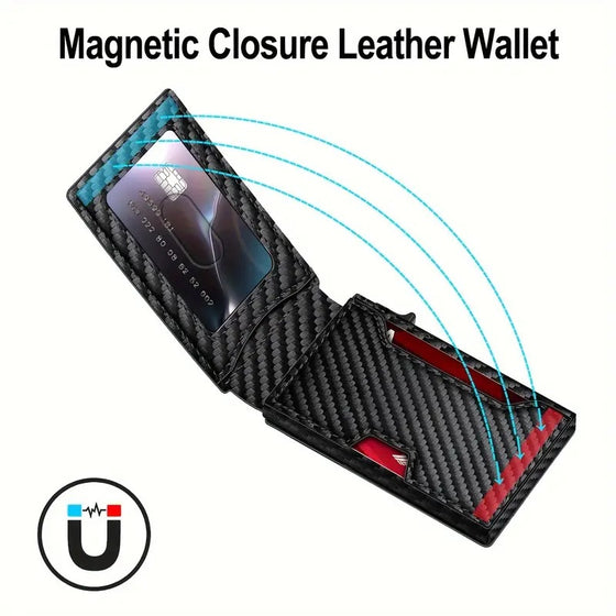 Magnetic closure wallet with a card in the window
