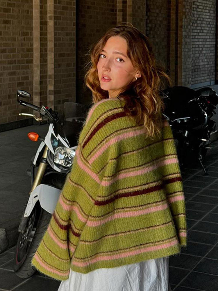 Women's green striped color-block knit cardigan, photo 2