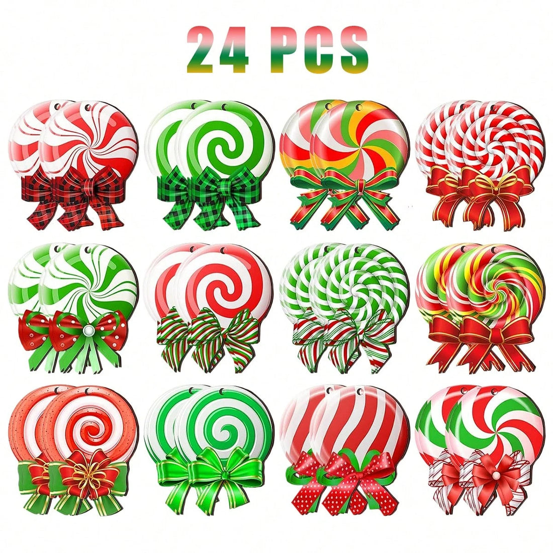 Full set of 24 wooden peppermint candy and lollipop Christmas ornaments